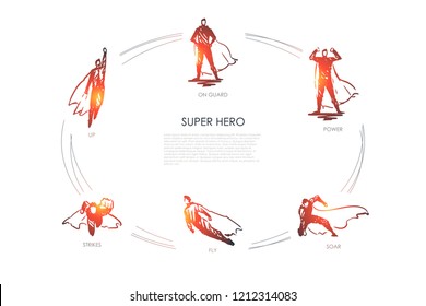 Super Hero - up, strikes, fly, soar, power, on guard vector concept set. Hand drawn sketch isolated illustration