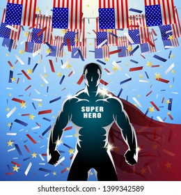 Super Hero USA Flags Holliday. Festive American flags and falling confetti. Muscular strong man in a cloak behind his back. Vector Illustration