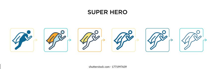 Super hero vector icon in 6 different modern styles. Black, two colored super hero icons designed in filled, outline, line and stroke style. Vector illustration can be used for web, mobile, ui