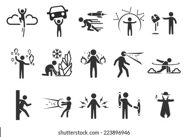 Super Hero Vector Illustration Icon Set. Included The Icons As Invisibility, Psychic, Pyro, Powerful, Phenomenon, Supernatural And More.