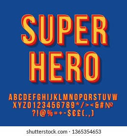 Super hero vintage 3d vector lettering. Retro bold font. Pop art stylized text. Old school style letters, numbers, symbols pack. 90s poster, banner, t shirt typography design. Blue color background