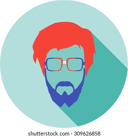 Super hero wearing glasses. Flat style avatar icon. Colorful vector illustration eps 8. Geek, hipster eyeglasses frames, beard, hairstyles, mustache in different character colors. 