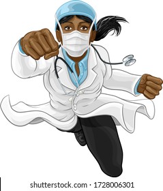 A Super Hero Woman Doctor Concept. A Female Medical Healthcare Professional As A Superhero Flying Through The Air. Wearing Face Mask PPE