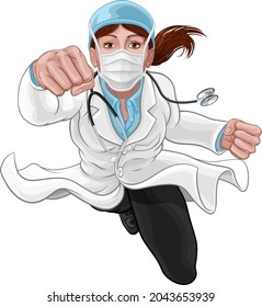 A super hero woman doctor concept. A female medical healthcare professional as a superhero flying through the air. Wearing face mask PPE
