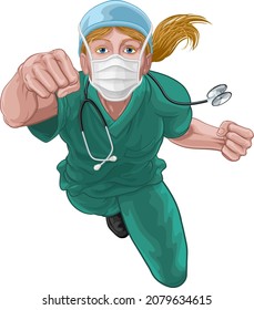 A super hero woman doctor or nurse concept. A female medical healthcare professional as a superhero flying through the air. Wearing face mask PPE