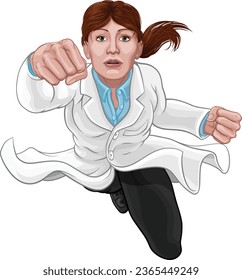 A super hero woman female scientist or doctor in a lab coat flying through the sky in a classic superhero pose