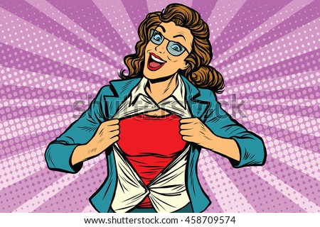 super hero woman ripping shirt pop art retro vector illustration