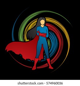 Super hero woman standing arms across the chest design on spin wheel background graphic vector.