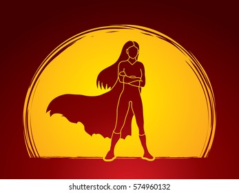 Super hero woman standing arms across the chest design on moonlight background graphic vector.