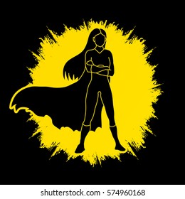 Super hero woman standing arms across the chest design on grunge frame background graphic vector.