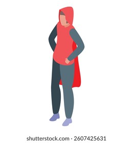 Super hero woman is standing with hands on hips wearing red cape isometric icon