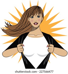 Super hero woman tears open her shirt to reveal the super insignia or message in copy space. EPS 10 vector.