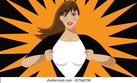 Super hero woman tears open her shirt to reveal the super insignia or message in copy space. EPS 10 vector.