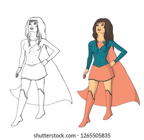 super heroe girl with long cape is standing in strong and proud pose, isolated on white background