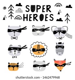 Super heroes animals, cute faces. Vector illustration. 
