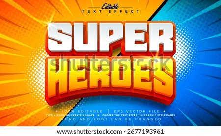 Super Heroes Comic Style Editable Text Effect Design Illustrator Graphic Style with Customizable Colorful 3d Cartoon Font on Retro Movie Background. Vector Premium Typography Lettering Illustration
