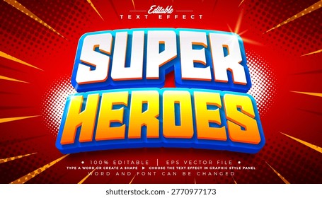Super Heroes Comic Style Text Effect Design Editable Graphic Style with Customizable Colorful 3d Cartoon Font on Retro Movie Background. Vector Premium Illustrator Typography Lettering Illustration Template for Greeting Card, Banner, Flyer, Invitation, Brochure or Promotional Poster