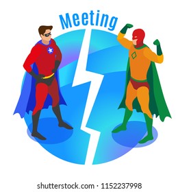 Super heroes in confident poses during meeting of competitors on round blue background isometric vector illustration