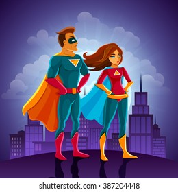 Super heroes couple man and woman standing with the cityscape vector illustration