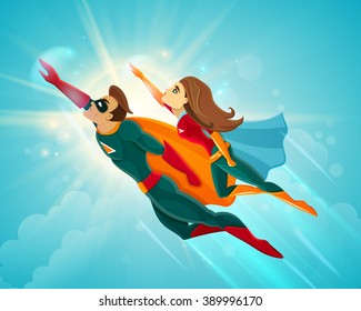 Super heroes couple man and woman flying together in blue sky vector illustration