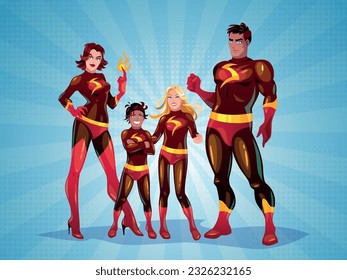 Familia de superhéroes. Caricaturas de padres con hijos disfrazados, superpoderes y habilidades de fuego, personajes de historietas. Concepto de vectores de niños y padres, madre y padre, hijo e hija