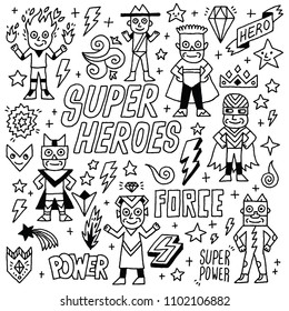 Super Heroes Funny Wacky Doodle Set 1. Black And White Drawing. Vector Illustration.