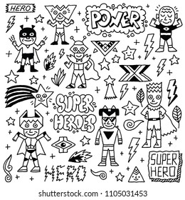 Super Heroes Funny Wacky Doodle Set 2. Black And White Drawing. Vector Illustration.