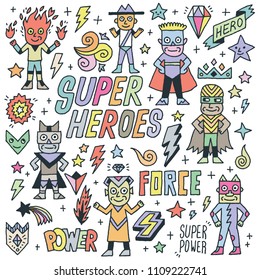 Super Heroes Funny Wacky Doodle Set 1. Color Drawing. Vector Illustration.