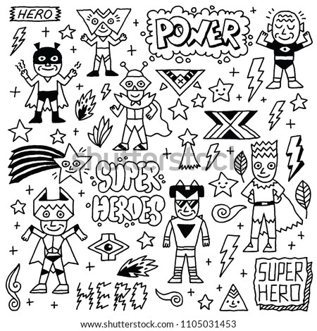 Super Heroes Funny Wacky Doodle Set 2. Black And White Drawing. Vector Illustration.