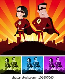 Super Heroes Male And Female/ Illustration Of A Cartoon Super Hero Man And Woman Standing Proudly With The Cityscape Over The Sunlight Beams