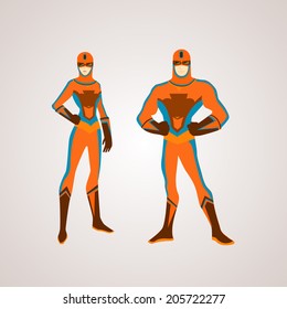 Super Heroes Male And Female/ Illustration of a cartoon super hero man and woman standing proudly 