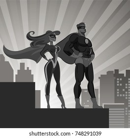 Super Heroes - Male and Female. Vector illustration isolated on a white background