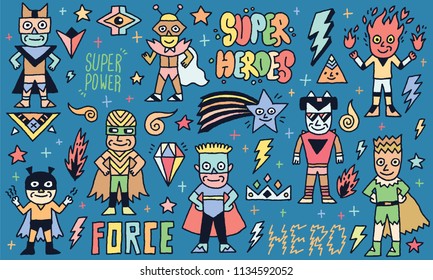 Super Heroes Power Funny Wacky Doodle Set 1. Color Drawing. Vector Illustration. 