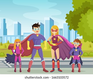 Super heroes smiling parents and their children stand showing muscles on hands together in super hero costumes with cape and maskson background of skyscrapers. Family of superheroes cartoon vector