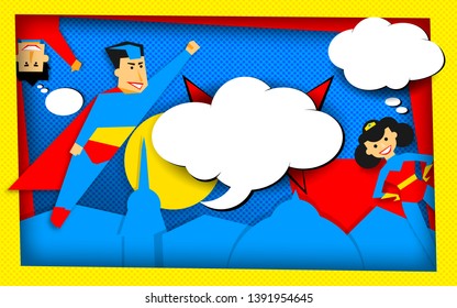 Super heroes vector poster in retro halftone technique with empty bubbles