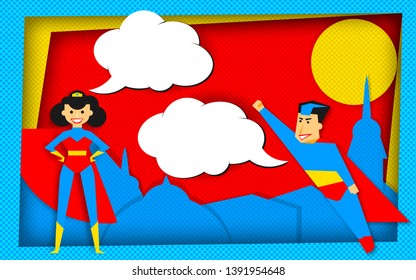 Super heroes vrctor template in comics style with empty bubbles