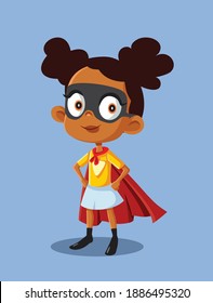 Super Heroine African Girl Vector Illustration Cartoon. Little Kid Pretending To Have Superpowers Wearing Halloween Costume
