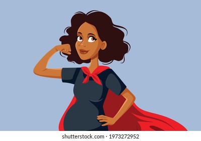 Super Heroine African Mom Vector Cartoon Illustration. Strong Powerful Pregnant Woman Wearing Red Cape And Superhero Costume
