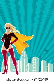 Super Heroine City: Super heroine over grunge background with copy space.  No transparency and gradients used. A4 proportions.