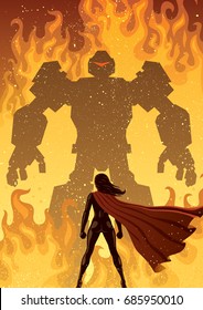 Super Heroine Facing Giant Evil Robot. 