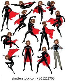 Super heroine over white background in 13 different poses.