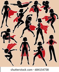 Super heroine silhouette in 13 different poses.
