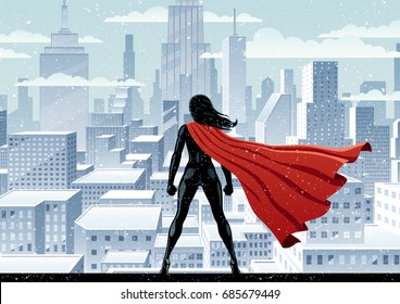 Super heroine watching over city on snowy day. 