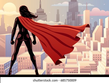 Super Heroine Watching Over City. 