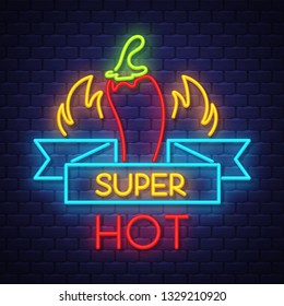 Super hot pepper- Neon Sign Vector. Super hot pepper -  Badge in neon style on brick wall background, design element, light banner, announcement neon signboard, night advensing. Vector Illustration