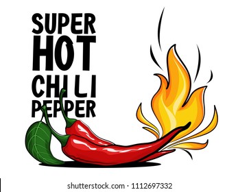 Super hot red chilli pepper in fire. Chili peppers in flame. Vector illustration. Hot spices. Black text.