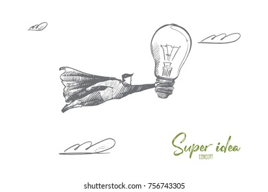 Super idea concept. Hand drawn superhero with big light bulb in hand. Flying man holds bulb as symbol of new best idea isolated vector illustration.