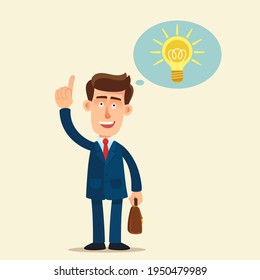 Super idea. Young businessman came up with a great business idea. Man shows gesture - forefinger up , light bulb symbol above his head. Vector illustration, flat cartoon style, isolated background.