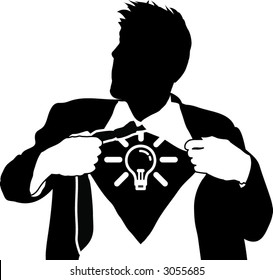 Super ideas man. A business man tearing open his shirt to reveal a light bulb/ idea icon