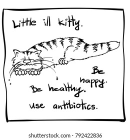 Super illness wednesday cat. Sickness kitty on the holiday rest.  infantile outline sketch cat for coloring book.